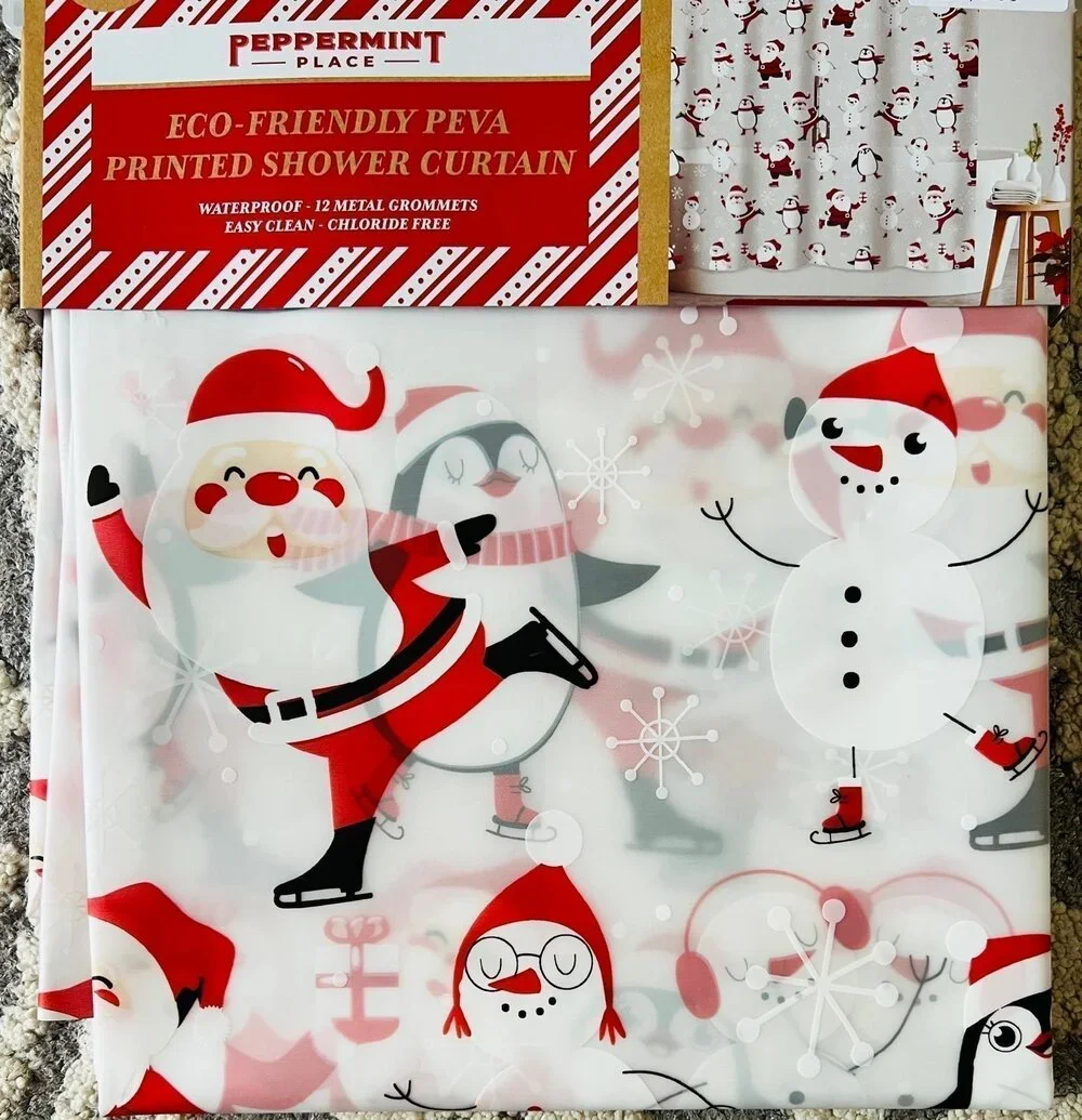 NIB❤️Peppermint Place Santa with Snowman and Penguins Peva Shower Curtain